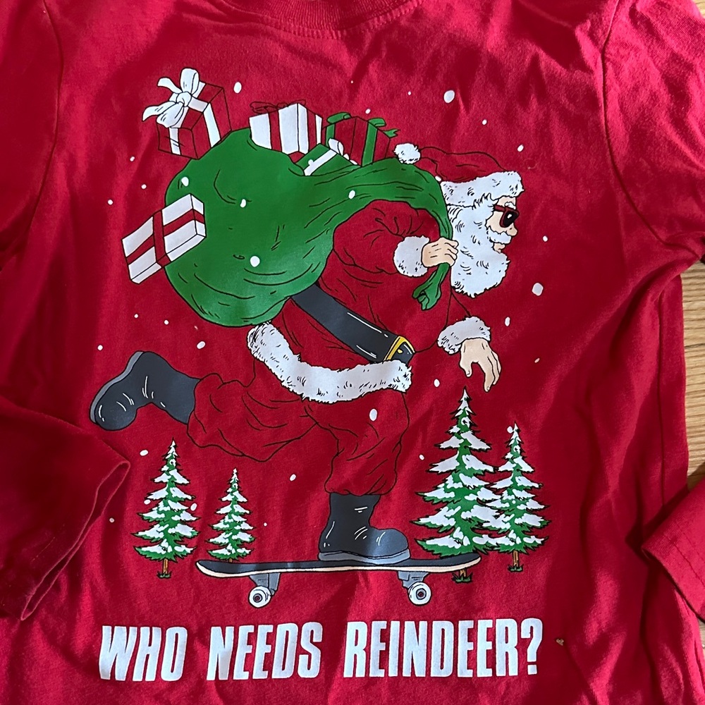 Holiday Time Red Long Sleeve Kids Christmas Skateboarding Santa Tee